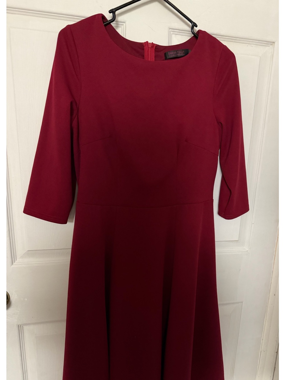 dressbarn Burgundy Midi Fit & Flare Dress with Three-Quarter Sleeves